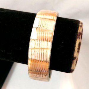 Vtg inlay Block Shell Bangle Bracelet Philippines Brown Cream Silver Tone Metal